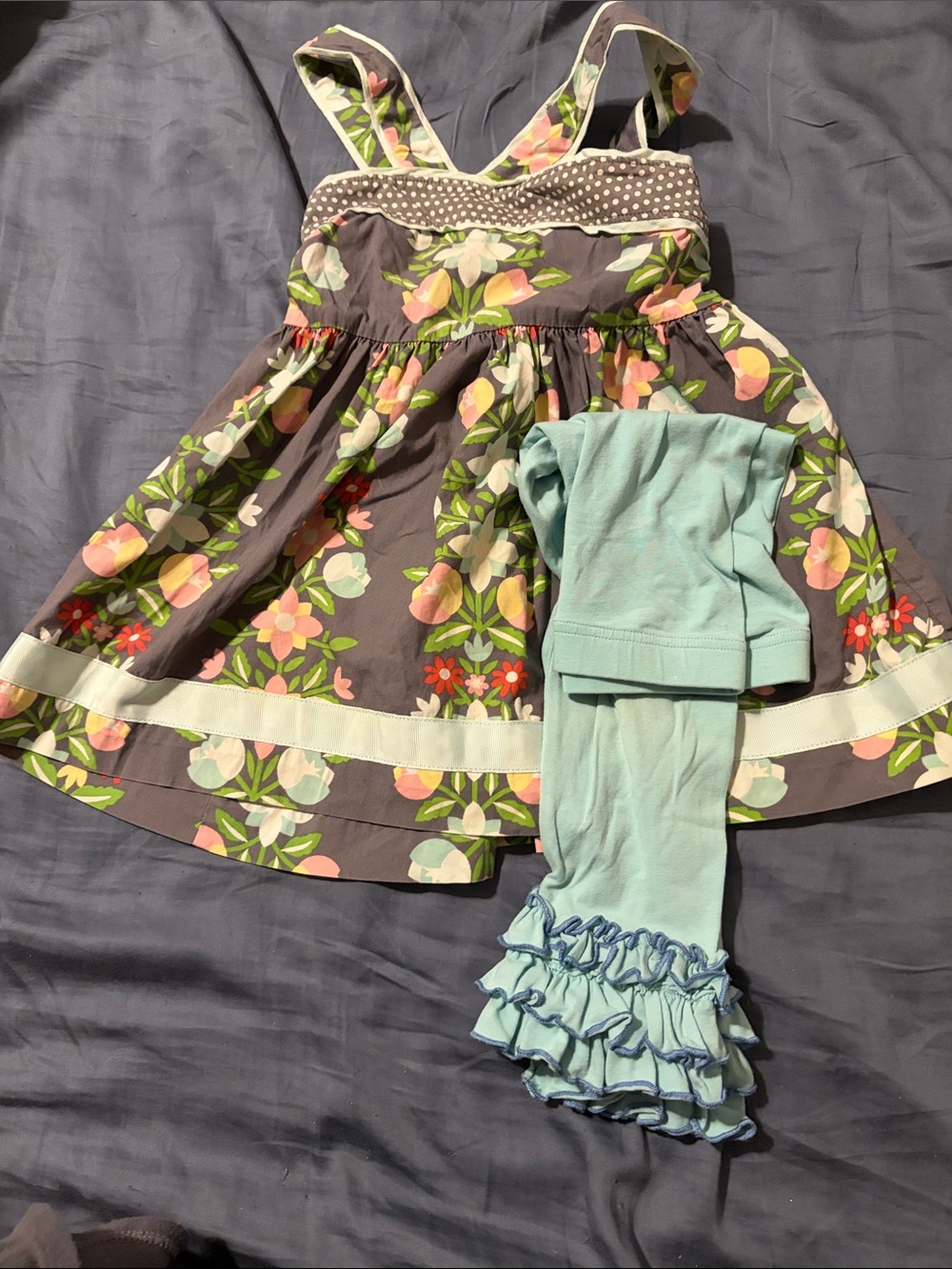 Matilda Jane Gray Floral Dress with Mint Ruffle Leggings